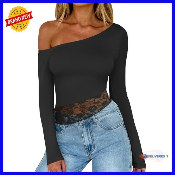 Tops - Long Sleeve Crop Top Double Lined Lace Off Shoulder Y2k Trendy